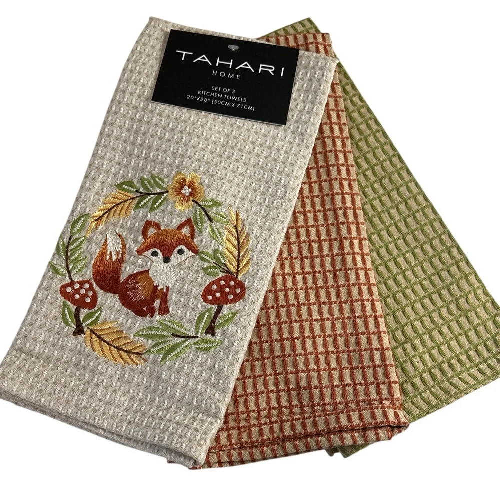 NEW Tahari Home FOX & MUSHROOM Fall Themed Textured Kitchen Towels Set/3